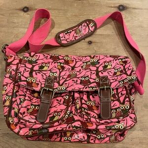 Miss Lulu Bright pink brown Owl Messenger Bag Book Bag crossbody satin lined